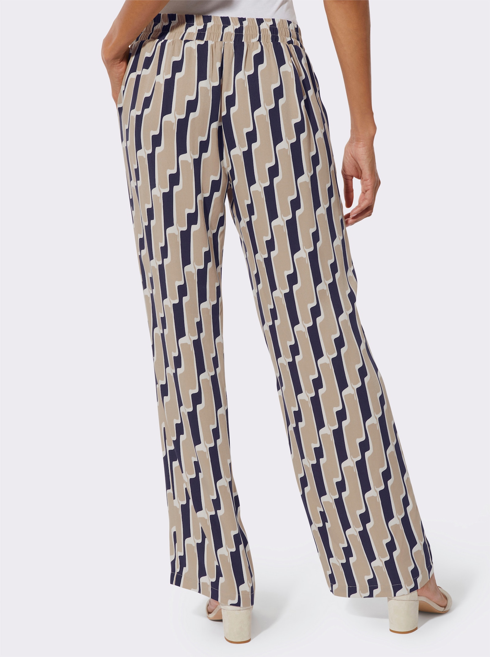 Palazzohose mit weiten Beinen - beige-marine-bedruckt