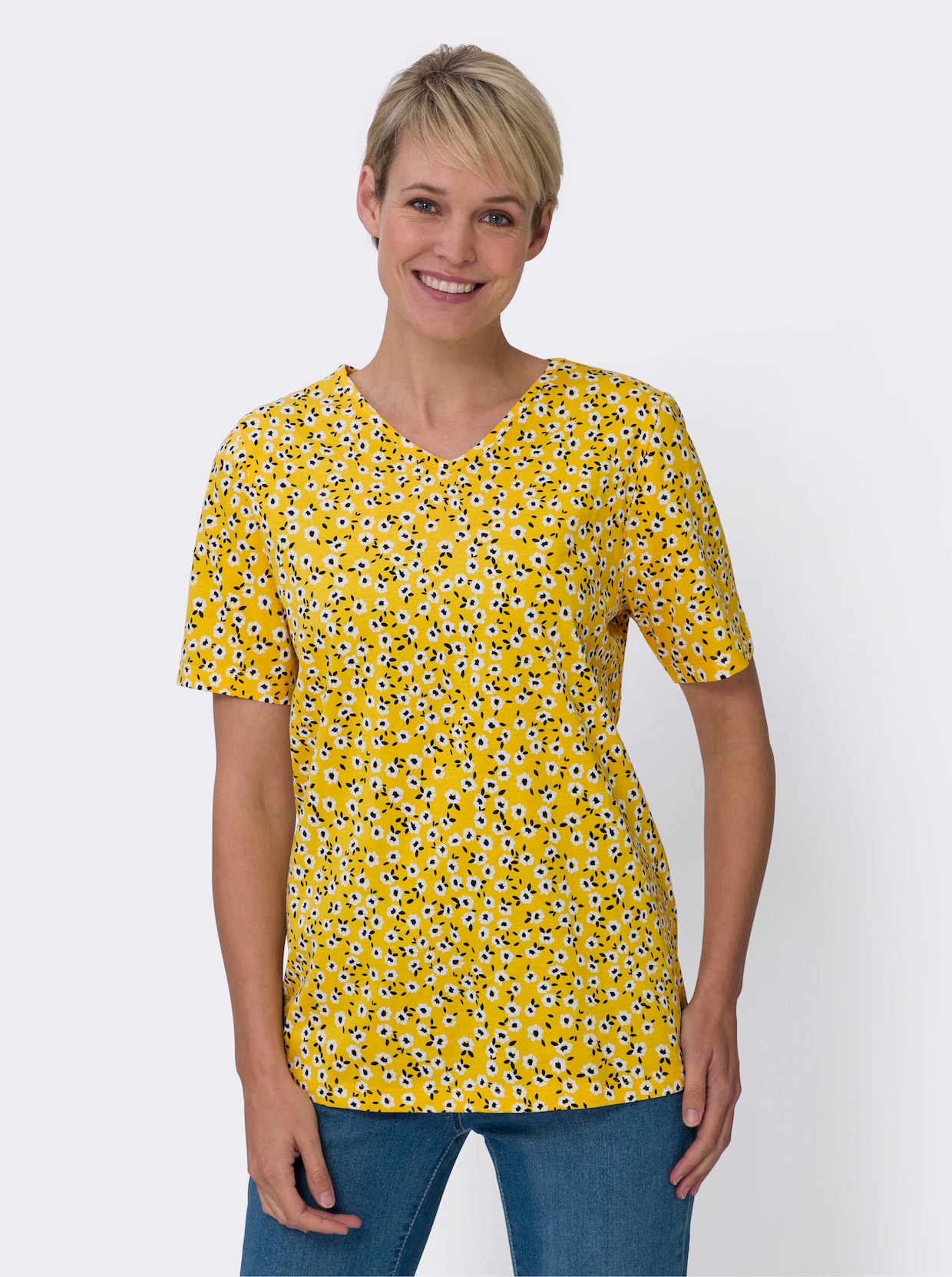 V-Shirt - gelb-weiss-bedruckt