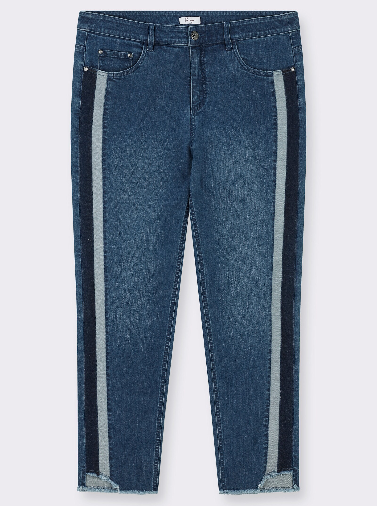 sheego Jeans mit Kontrasteinsatz und Fransensaum - blue-stone-washed