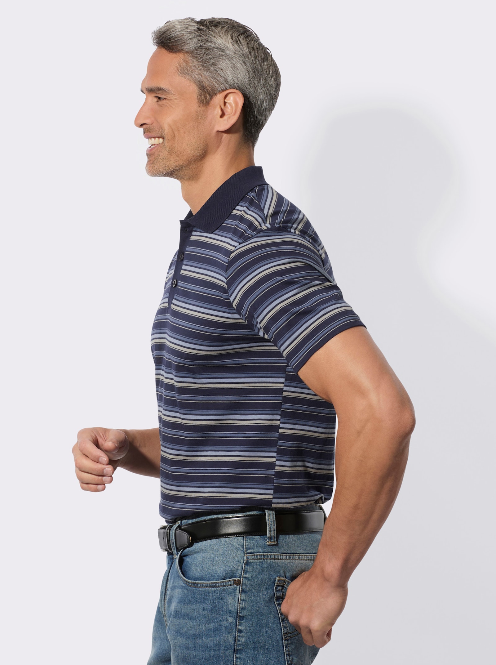 Poloshirt in streepjesdessin - marine/steengrijs gestreept