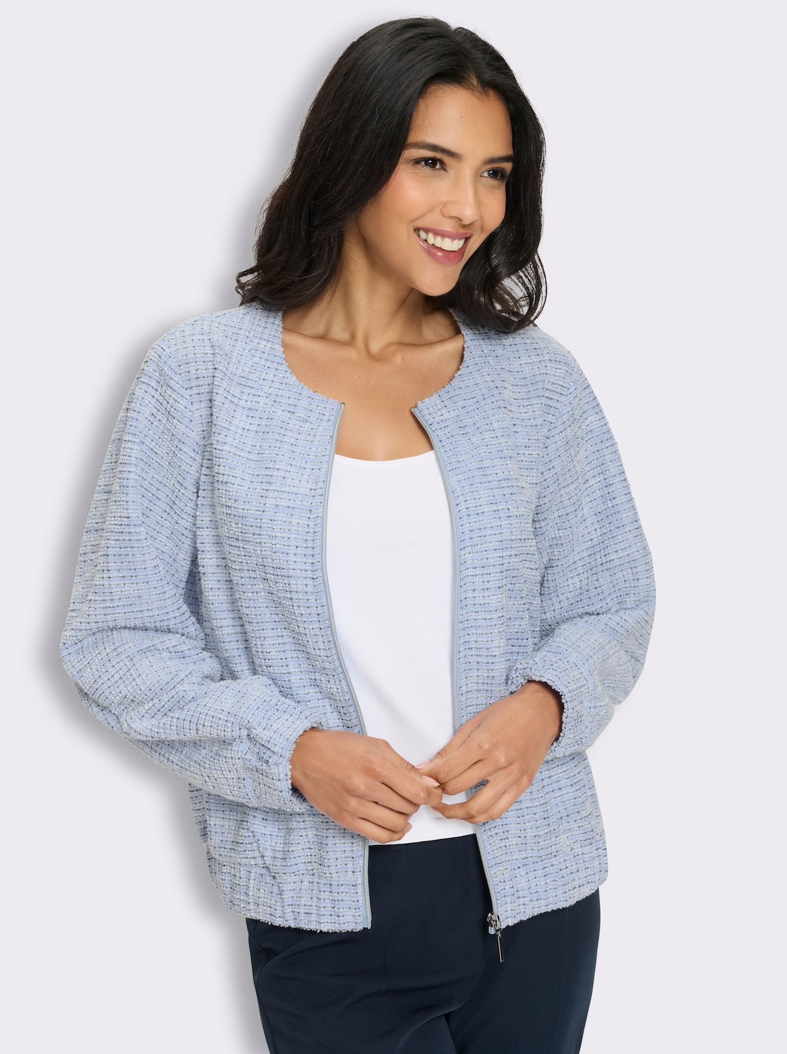 Bouclé-Blazer mit Glanzgarn-Akzenten - marine-eisblau-gemustert