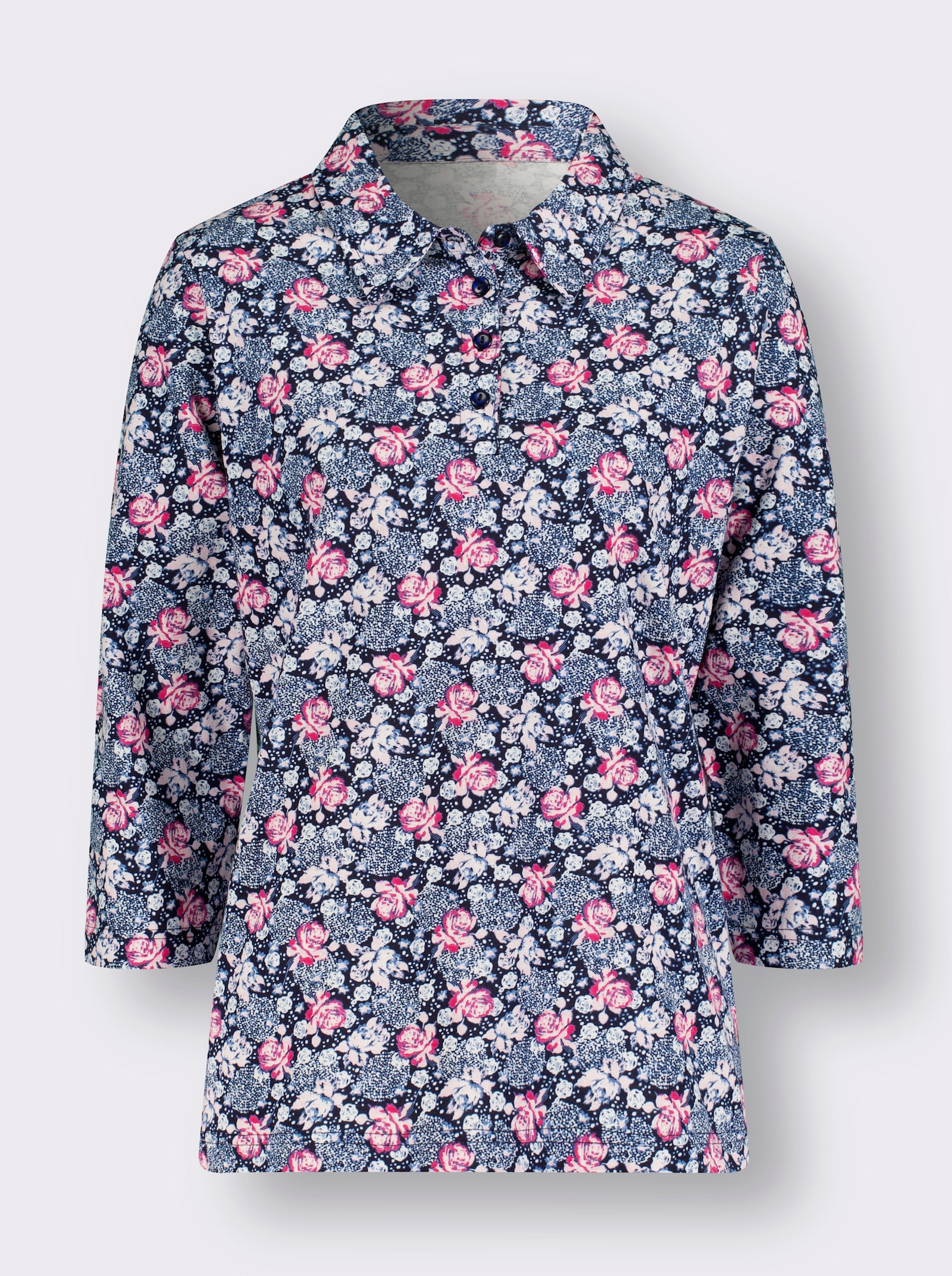 Poloshirt mit 3/4-Ärmeln - marine-fuchsia-bedruckt