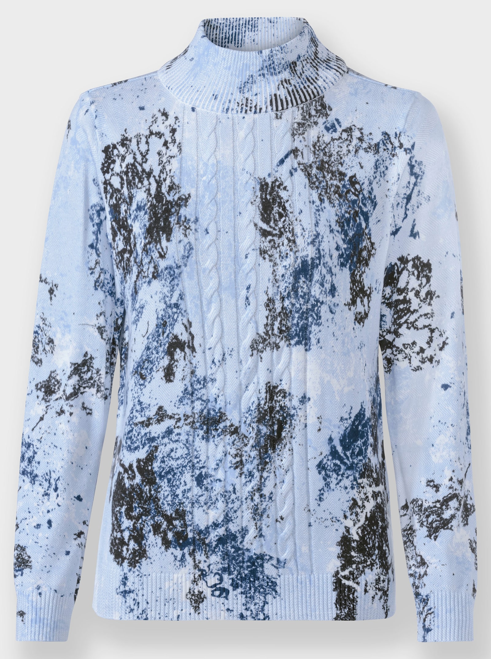 Feinstrickpullover mit höherem Stehkragen - eisblau-bedruckt