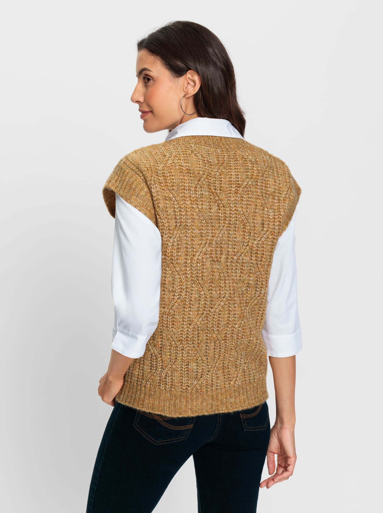 Slip-over van gemêleerd grof tricot - oker gemêleerd