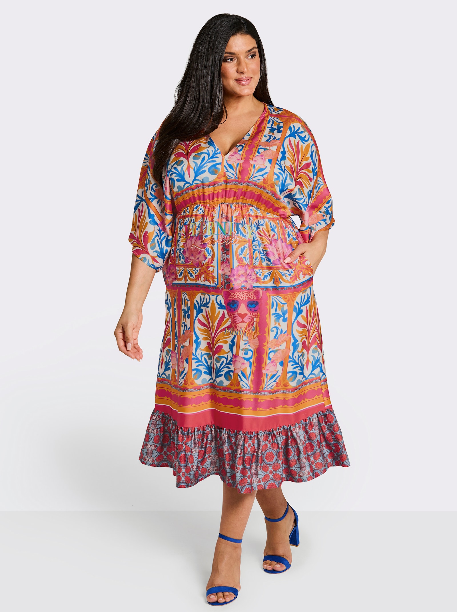 sheego loves miss goodlife Blumenkleid mit luftigen Halbärmeln - orange-mittelblau-bedruckt