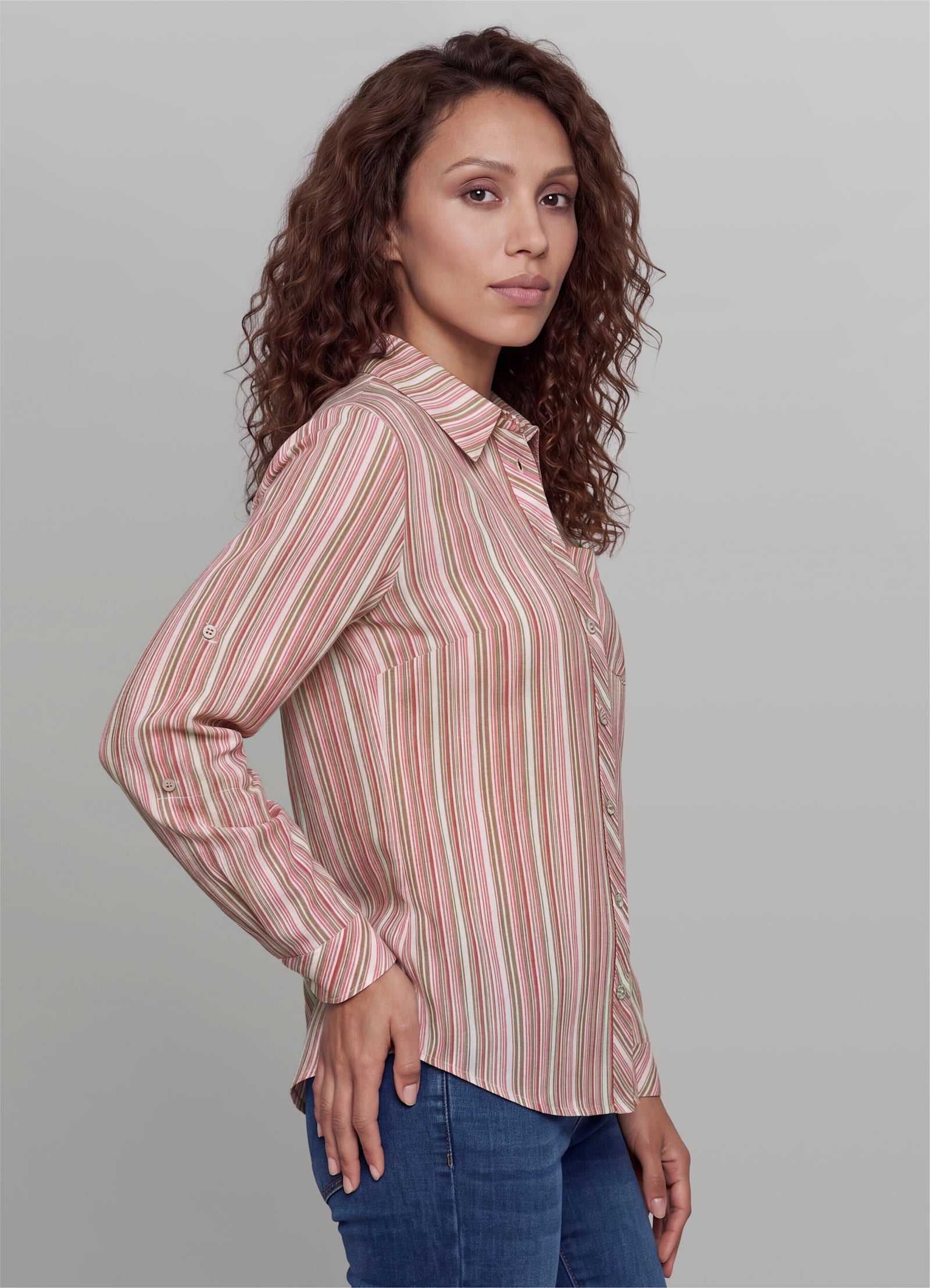 heine Gestreifte Bluse mit Brusttasche - flamingo-champagner-gestreift