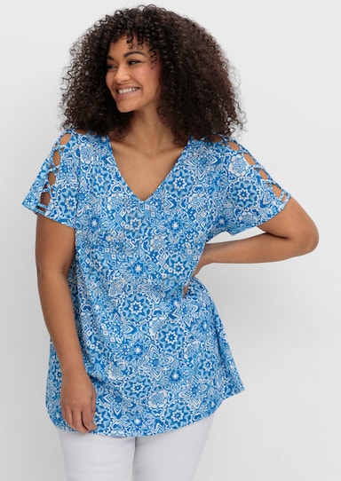 sheego Shirt mit Ausbrenner-Druck und Schulterschlitzen - kobalt-gemustert