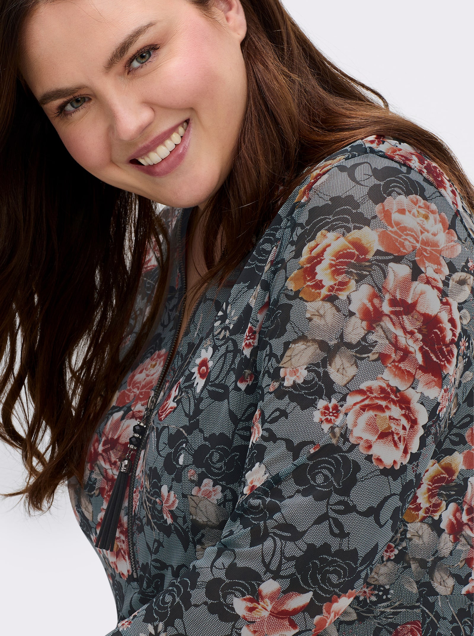 sheego by Joe Browns Shirt mit Reißverschluss am V-Ausschnitt - schwarz-bedruckt