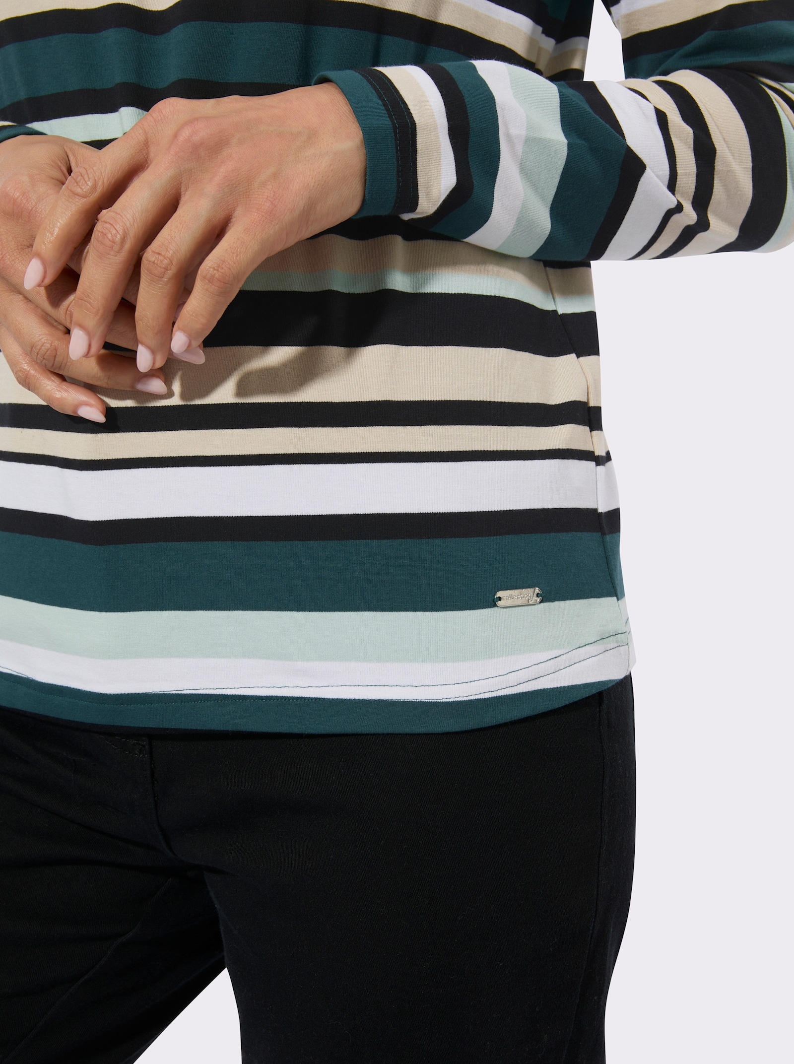 Stehkragenshirt im Ringel-Dessin - petrol-kalkmint-geringelt