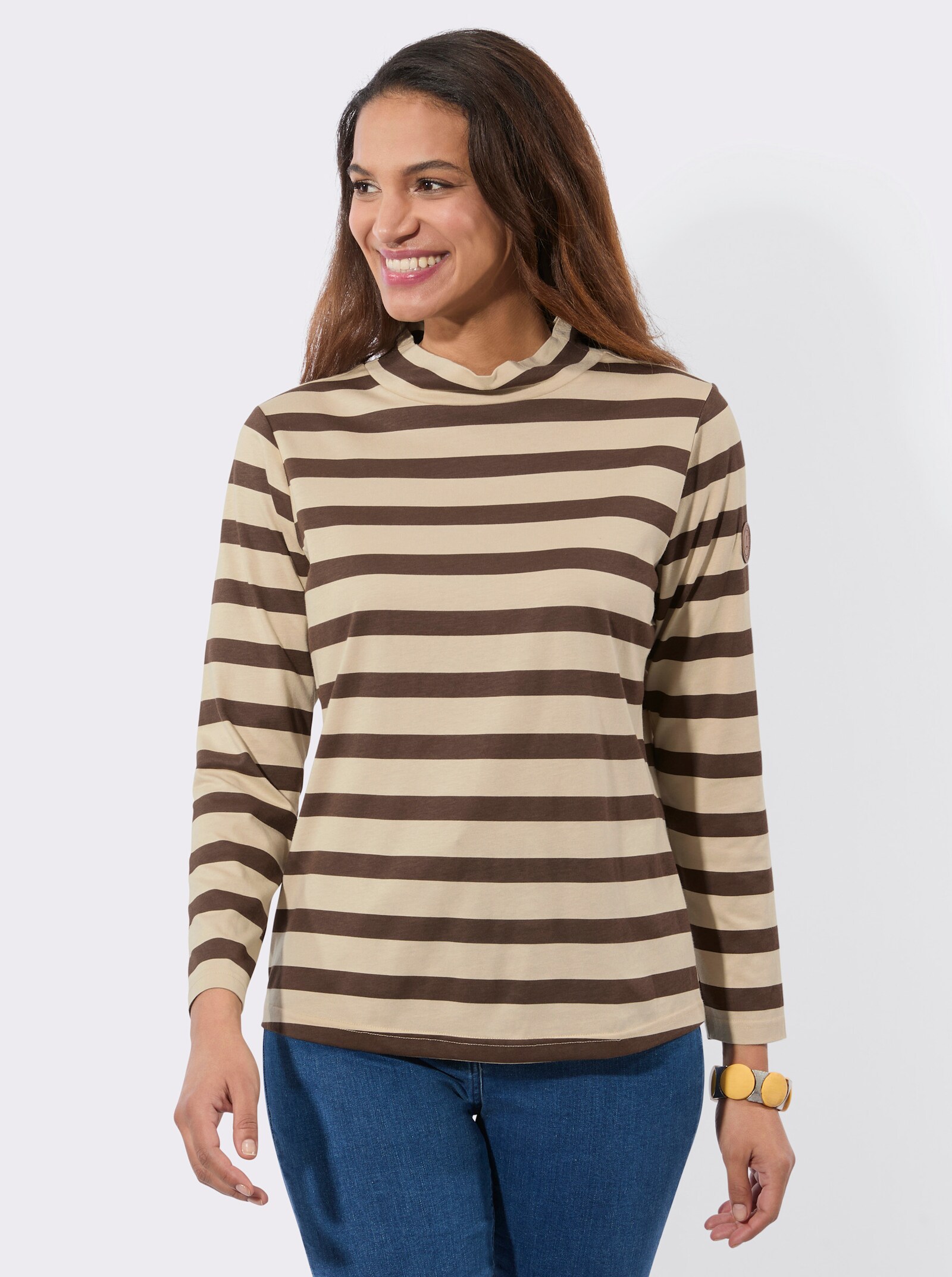 Stehkragenshirt - schoko-sand-geringelt