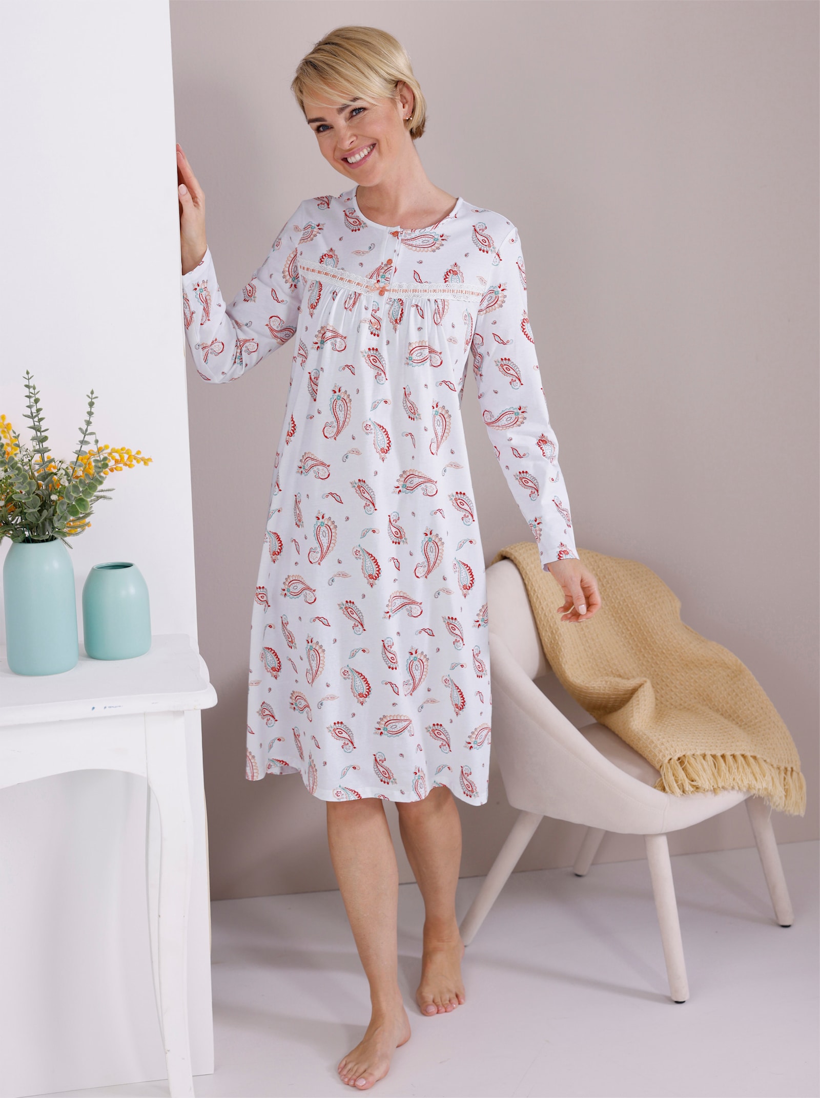 wäschepur Nachthemd mit Satinschleifchen - ecru-apricot-bedruckt