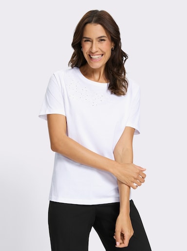 Rundhalsshirt mit Blüten-Lochstickerei - weiß