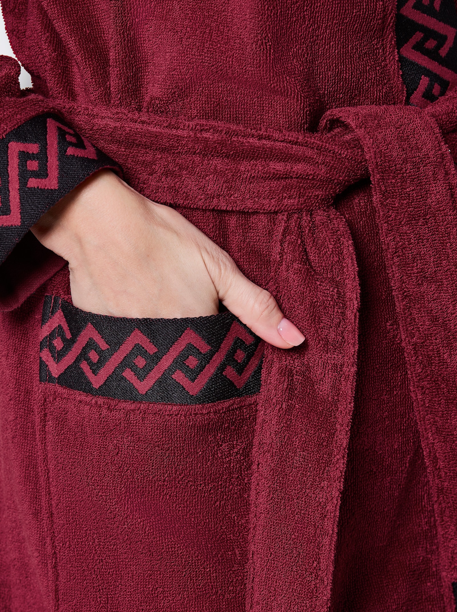 feel good Damenbademantel mit Webblende - dunkelrot-schwarz