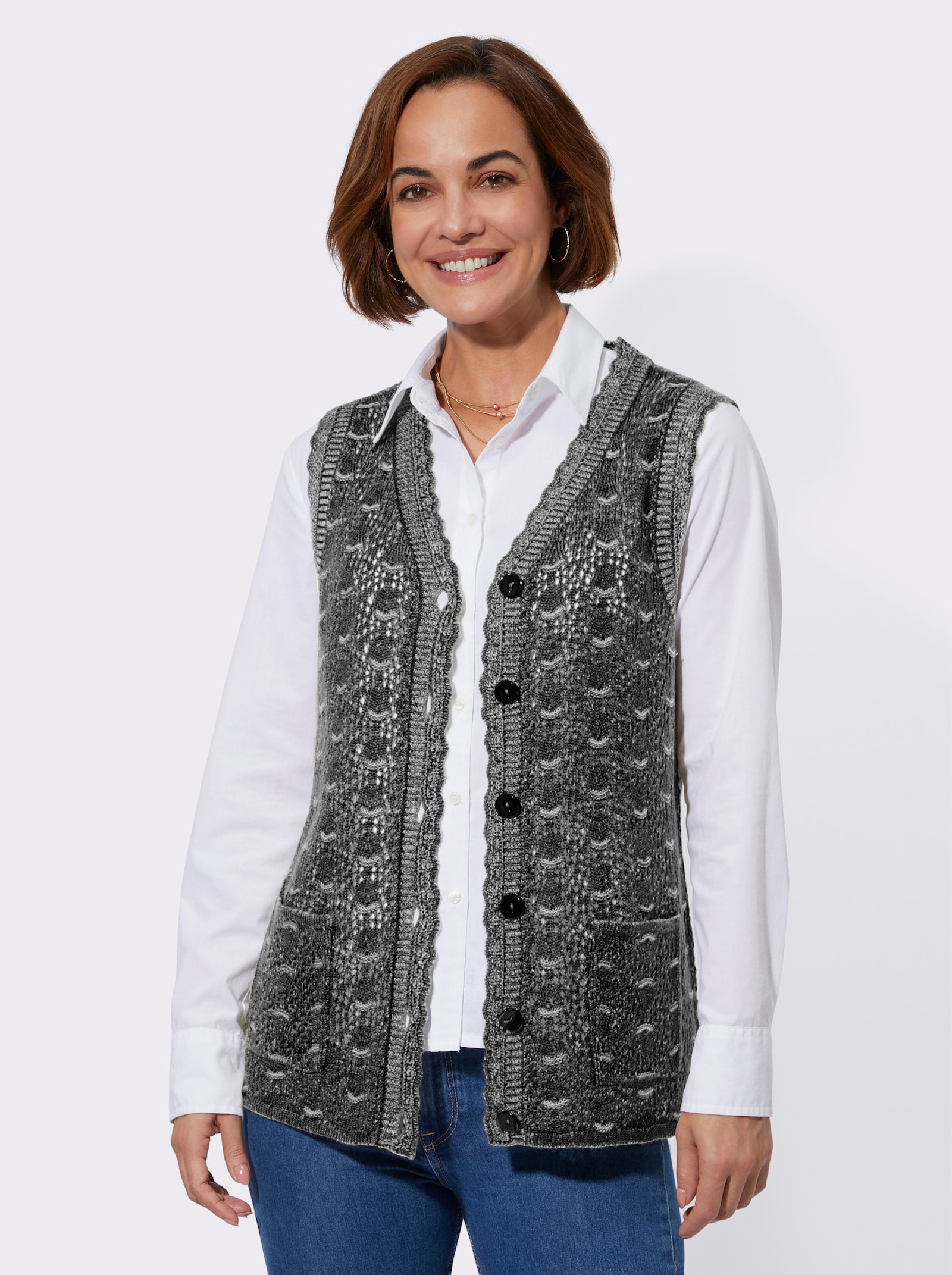 Strickweste im Strukturmuster-Mix - schwarz-meliert