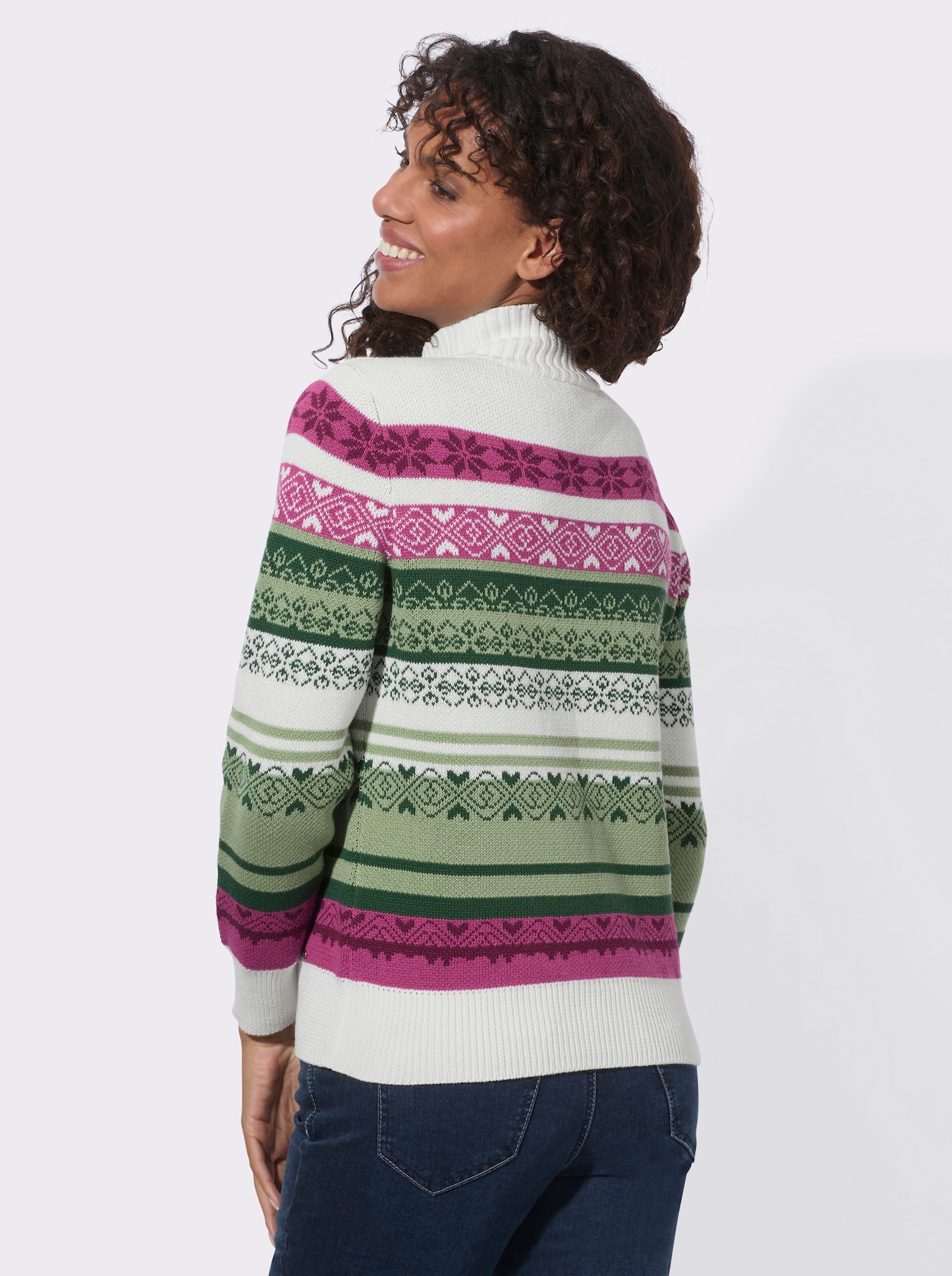 Stehkragenpullover in Norweger-Optik - eucalyptus-bordeaux-gemustert