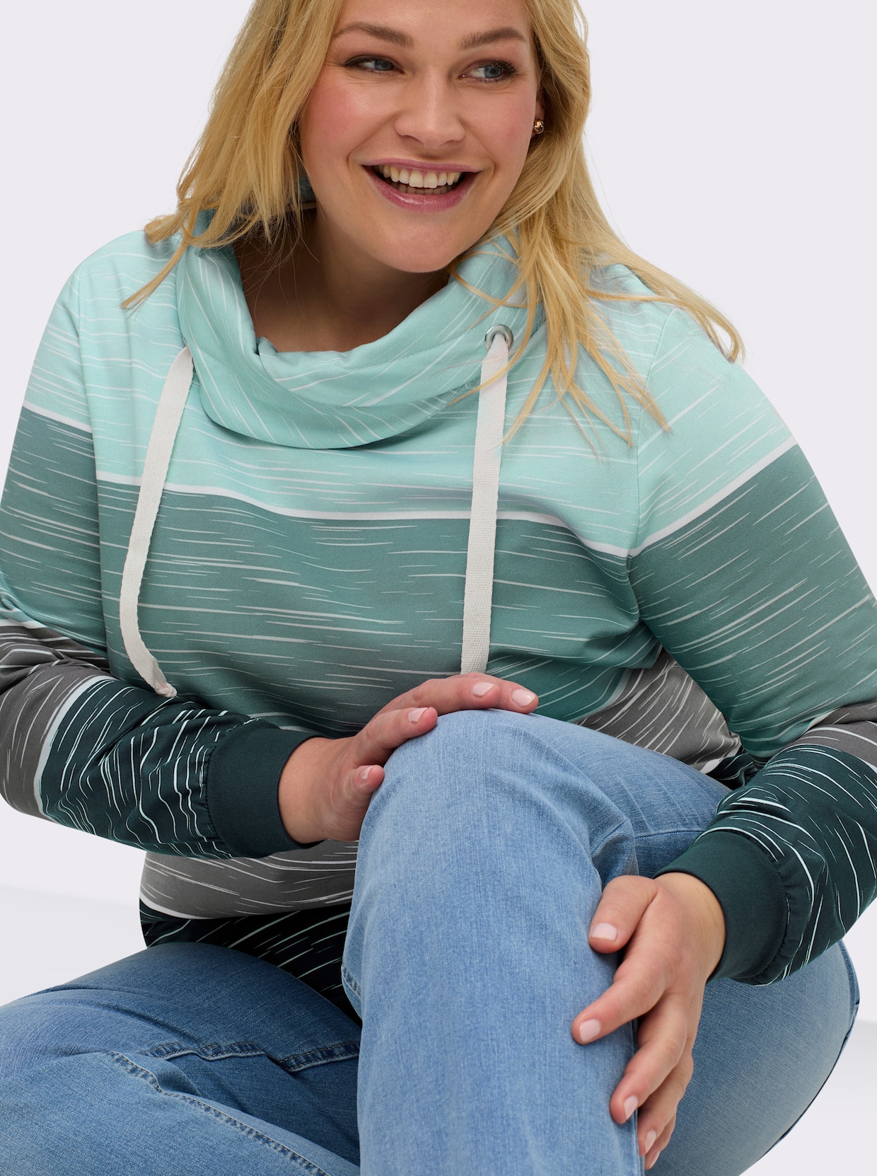 Sweatshirt mit überlappendem Rollkragen - petrol-kalkmint-bedruckt