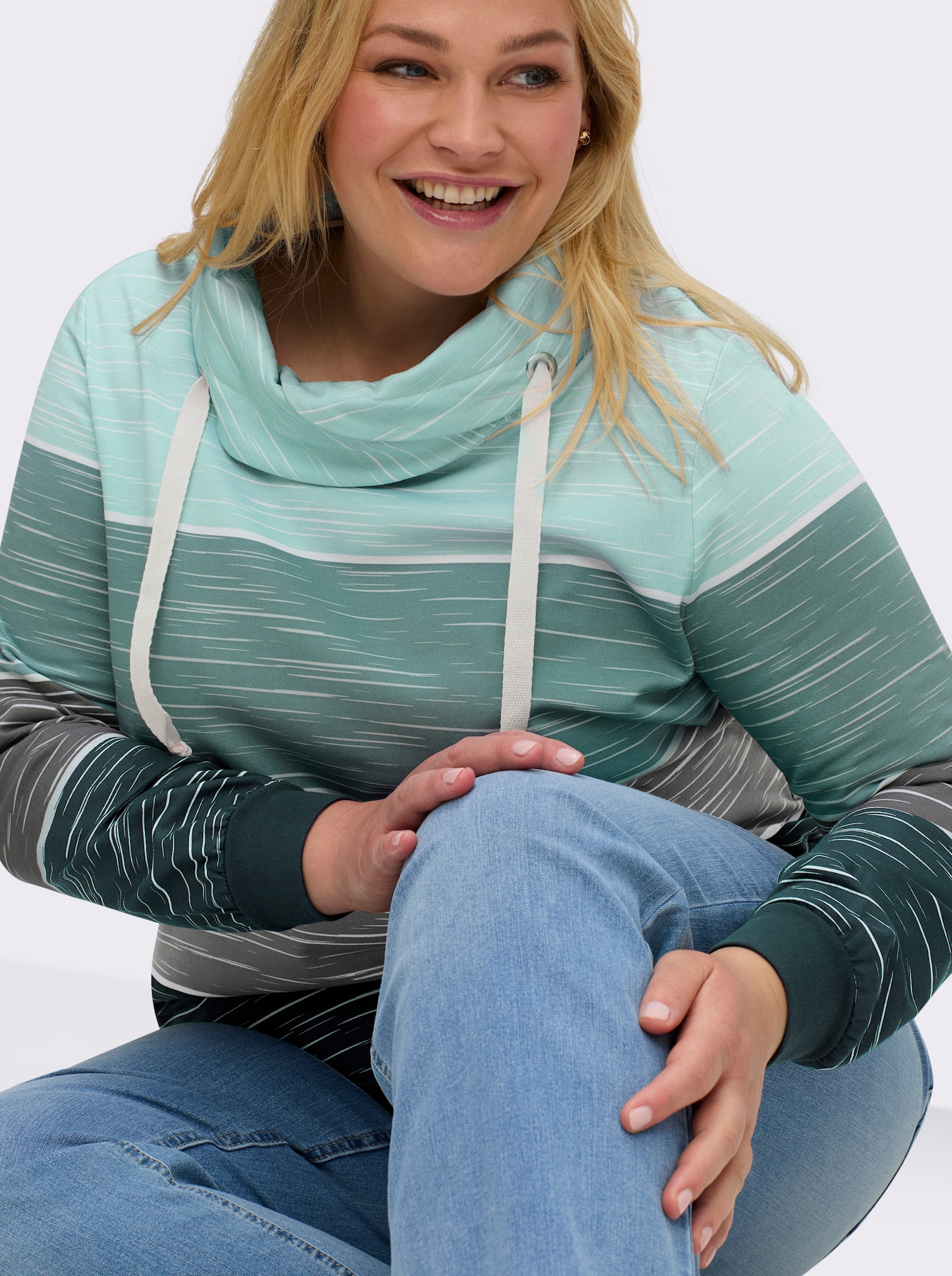 Sweatshirt mit überlappendem Rollkragen - petrol-kalkmint-bedruckt