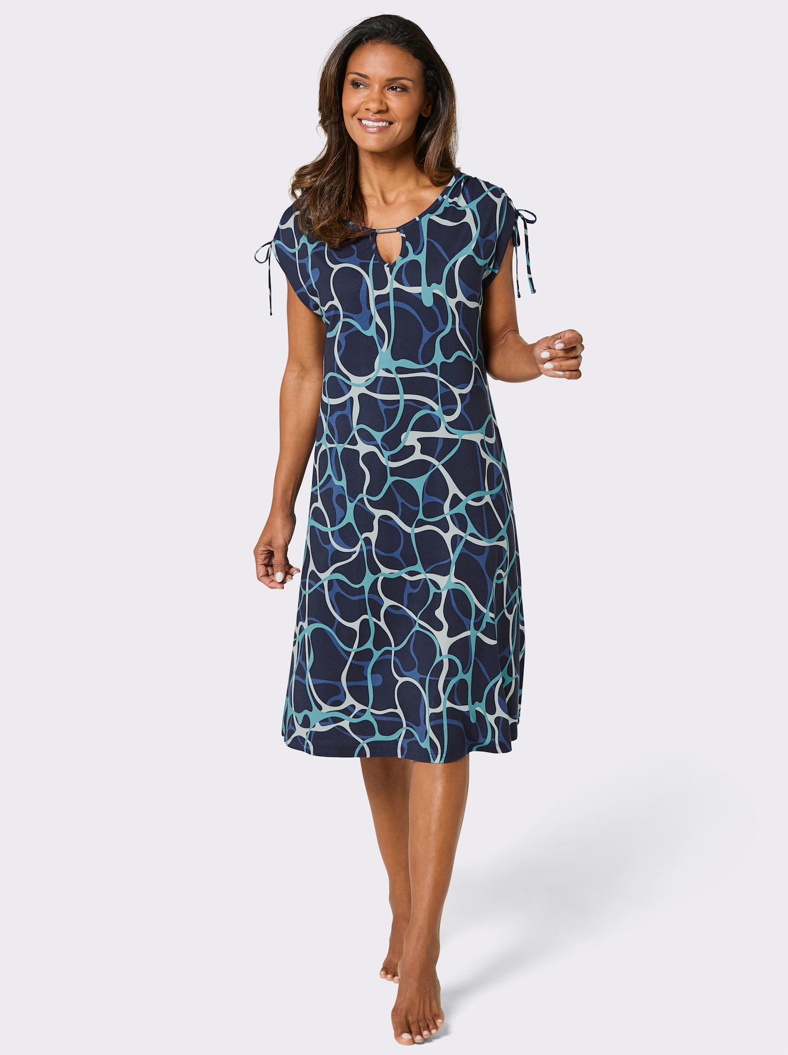 feel good Sommerkleid mit Bindebändern an den Schultern - marine-royalblau-bedruckt
