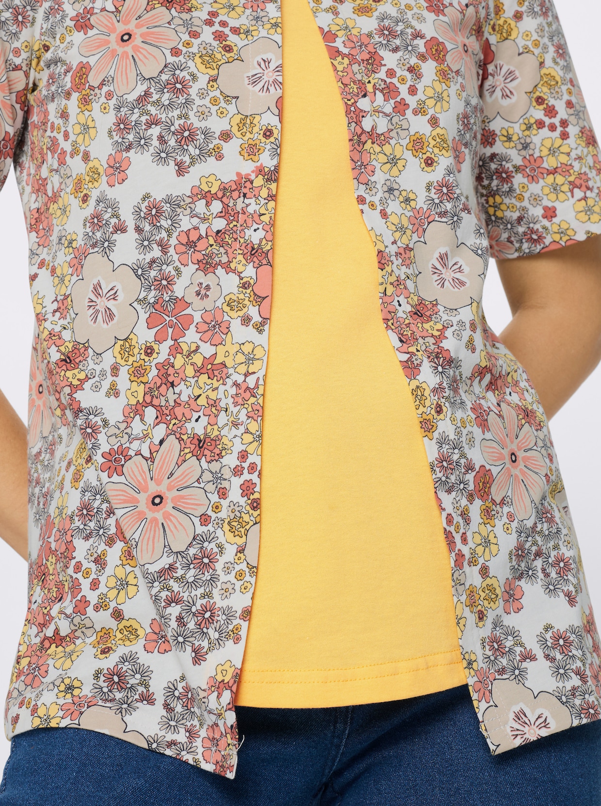 2-in-1-Shirt mit floralem Muster - ecru-papaya-bedruckt