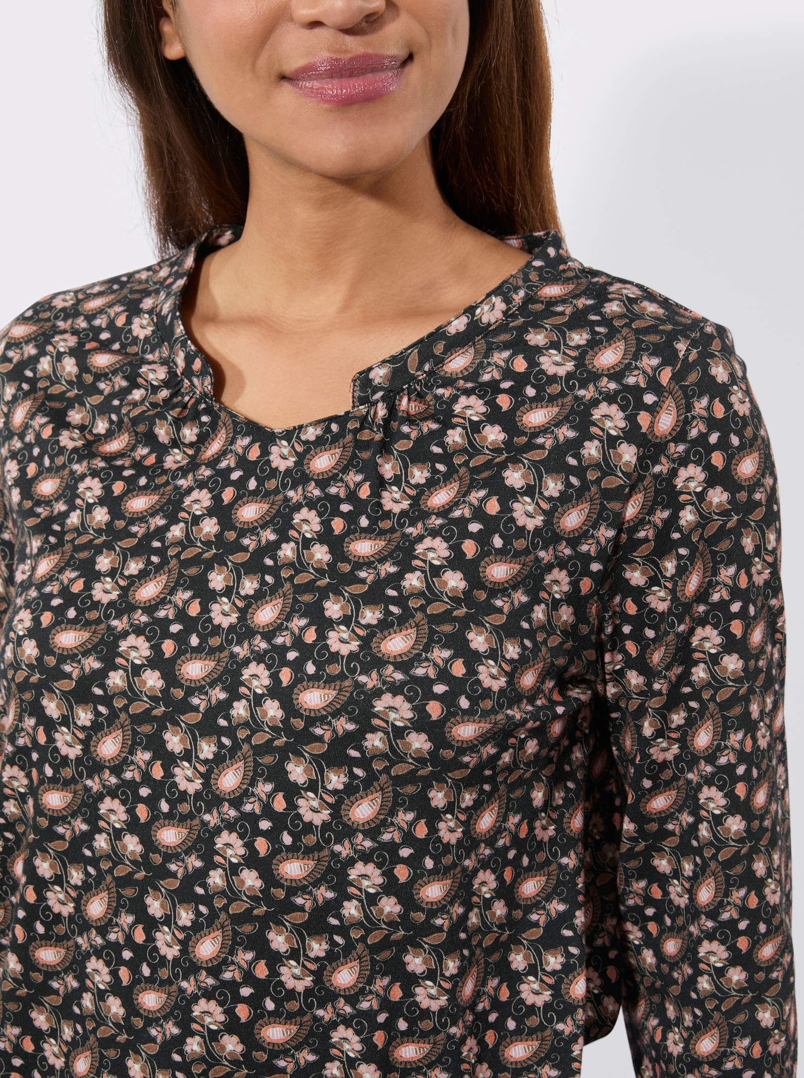 Print-Shirt mit Gummizug am Ärmel - schwarz-papaya-bedruckt