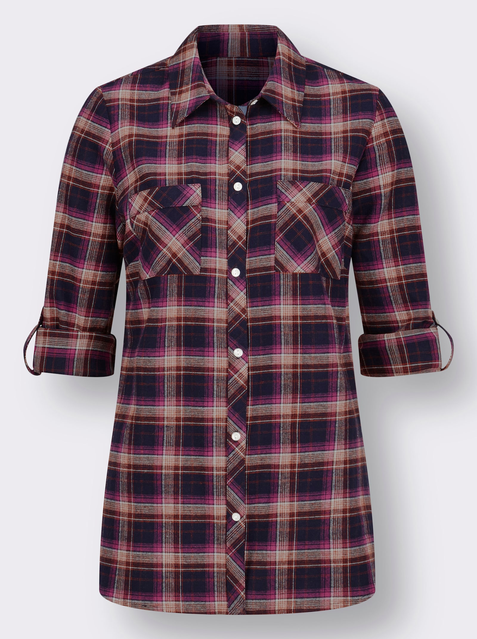 Flanellen blouse met borstzakken - marine/heide geruit