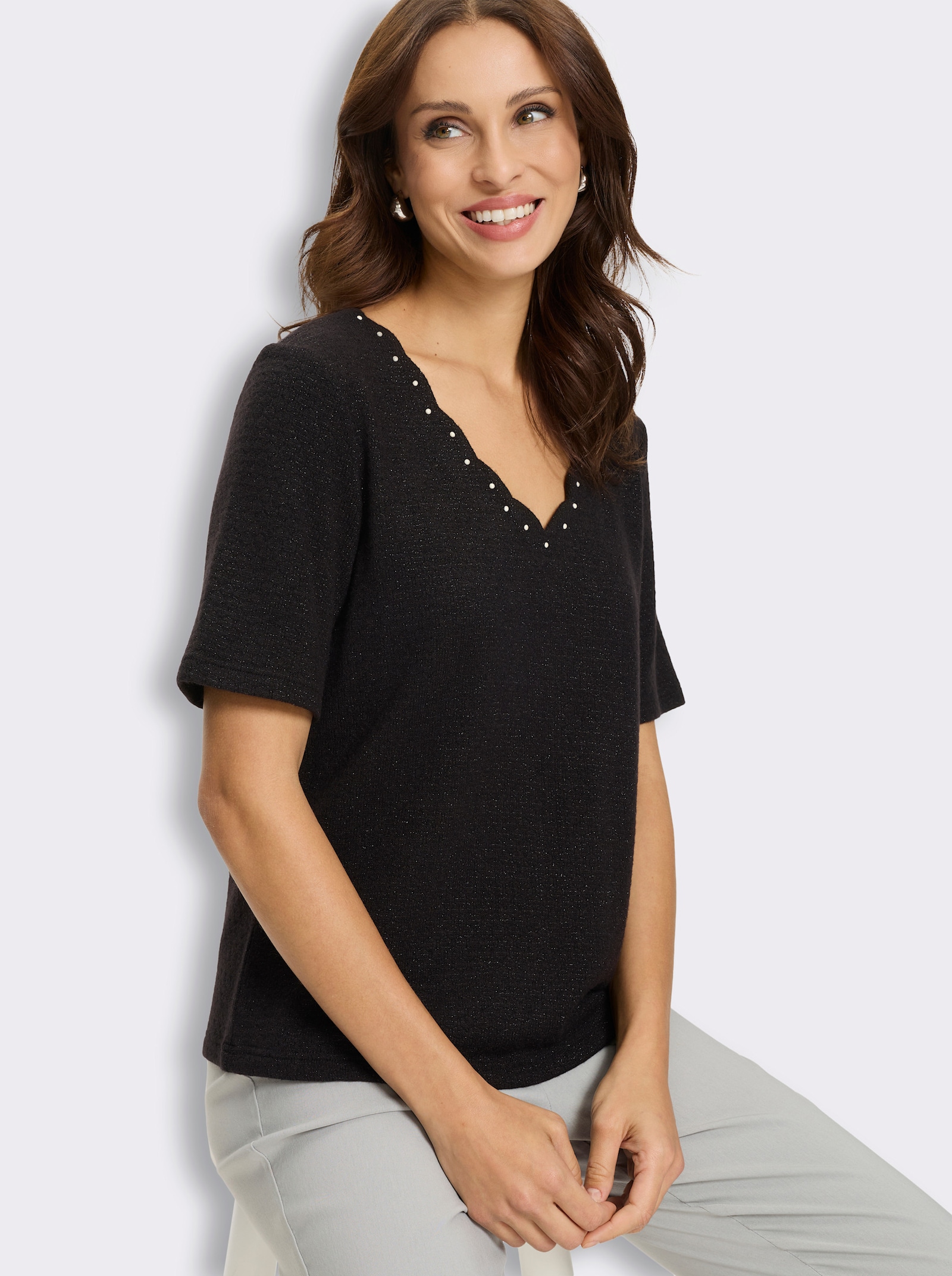 Kurzarmshirt mit Zierperlen - schwarz
