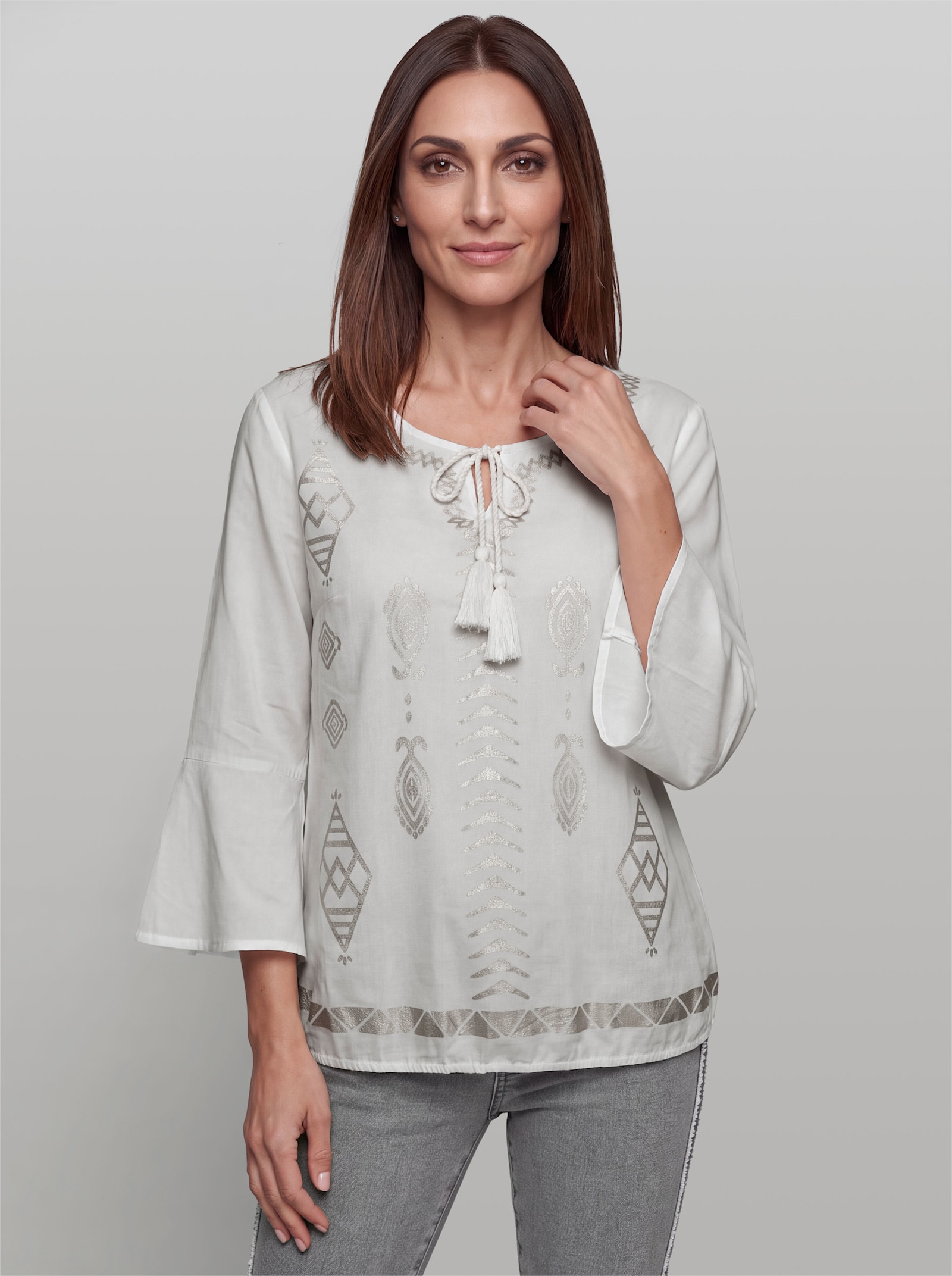 heine Baumwollbluse mit Folienprint - weiß