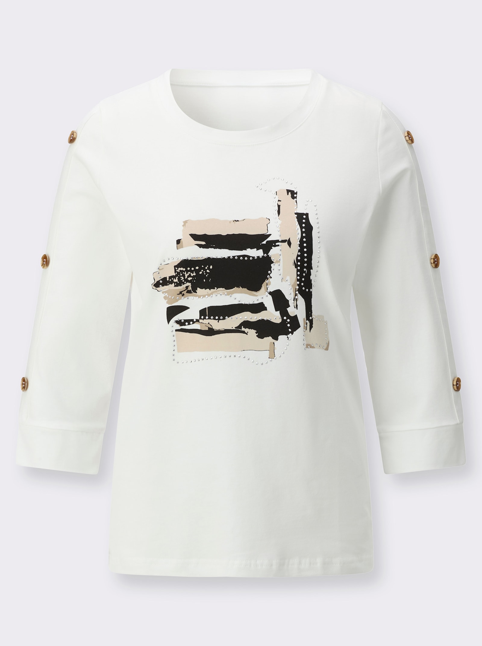 Rundhalsshirt mit Zierknopfleiste - ecru-schwarz-bedruckt
