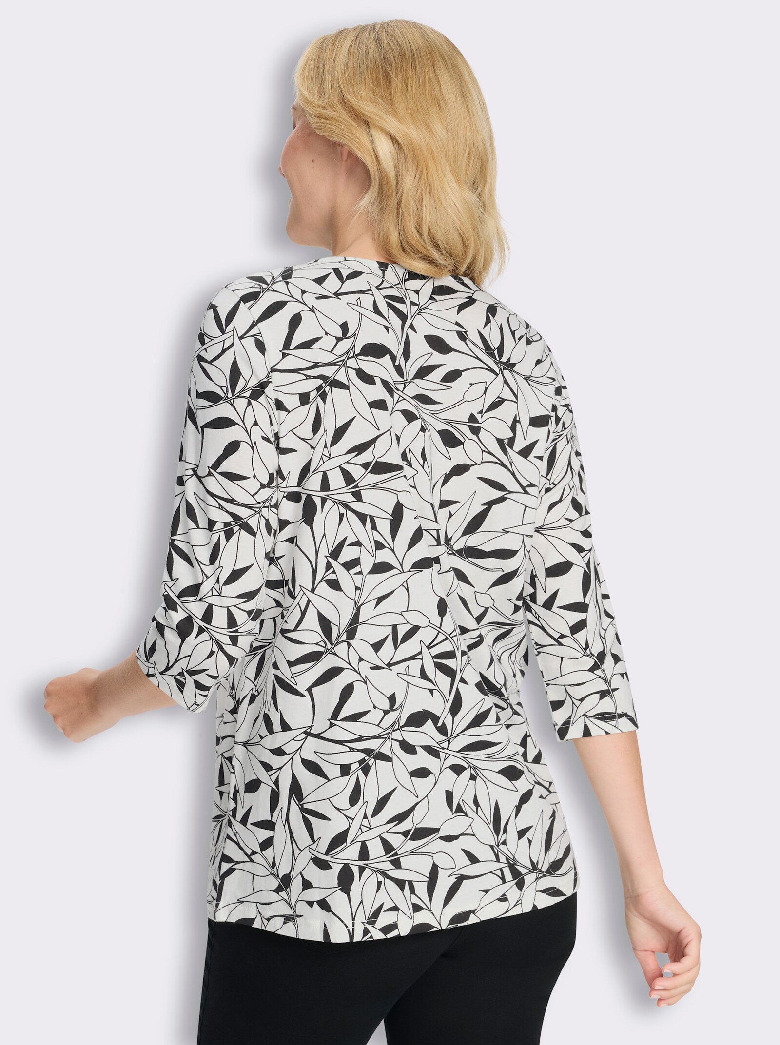 Longshirt mit Falten am Ausschnitt - ecru-schwarz-bedruckt