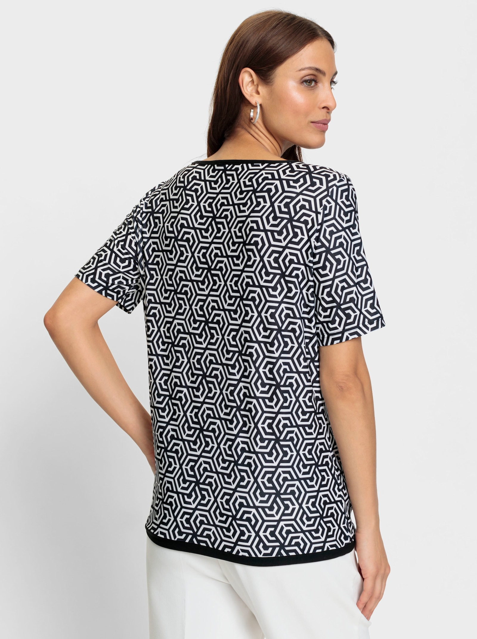 Shirt met glittersteentjes bij de hals - zwart/wit geprint