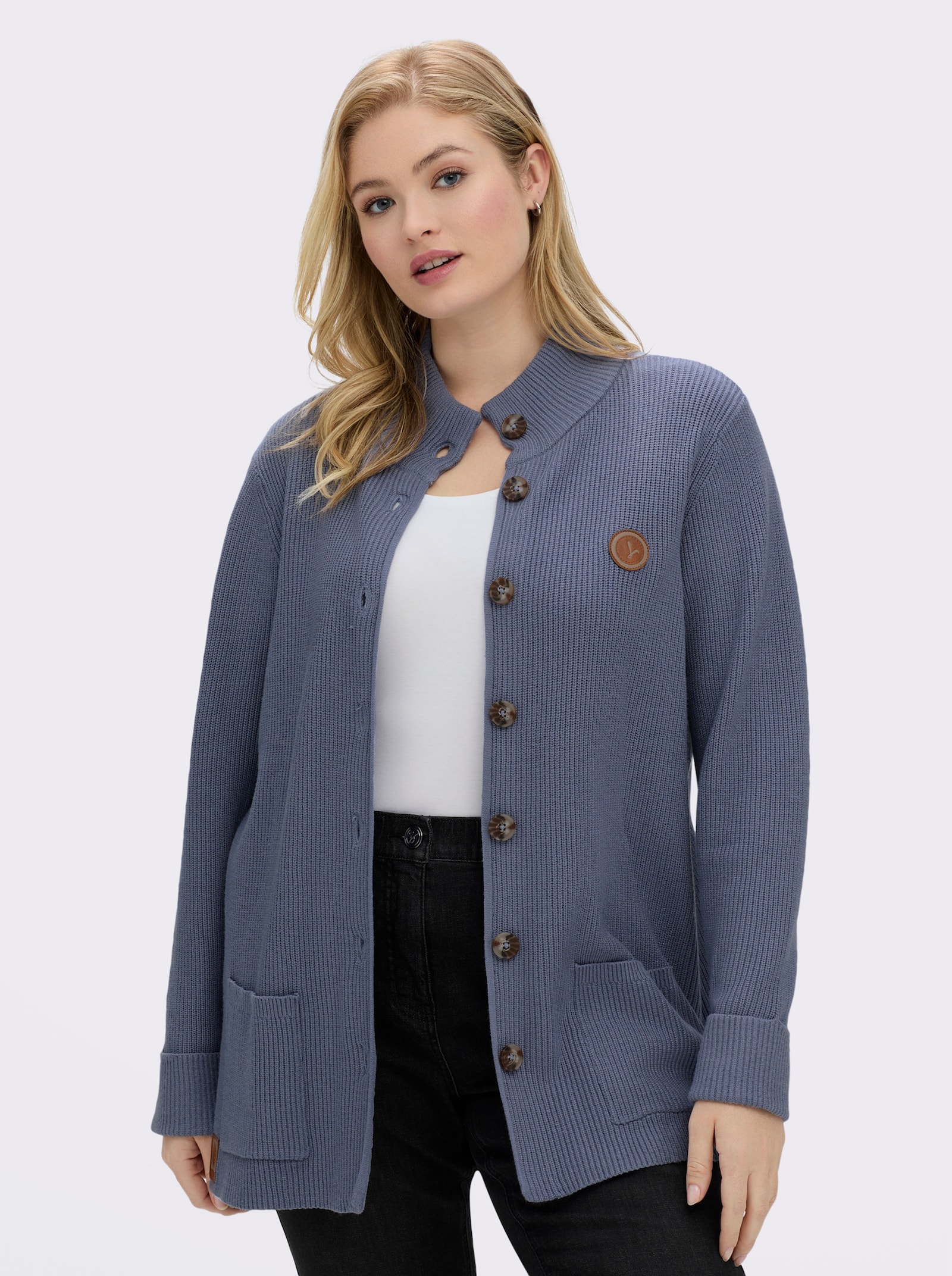 Longstrickjacke mit Stehkragen - taubenblau