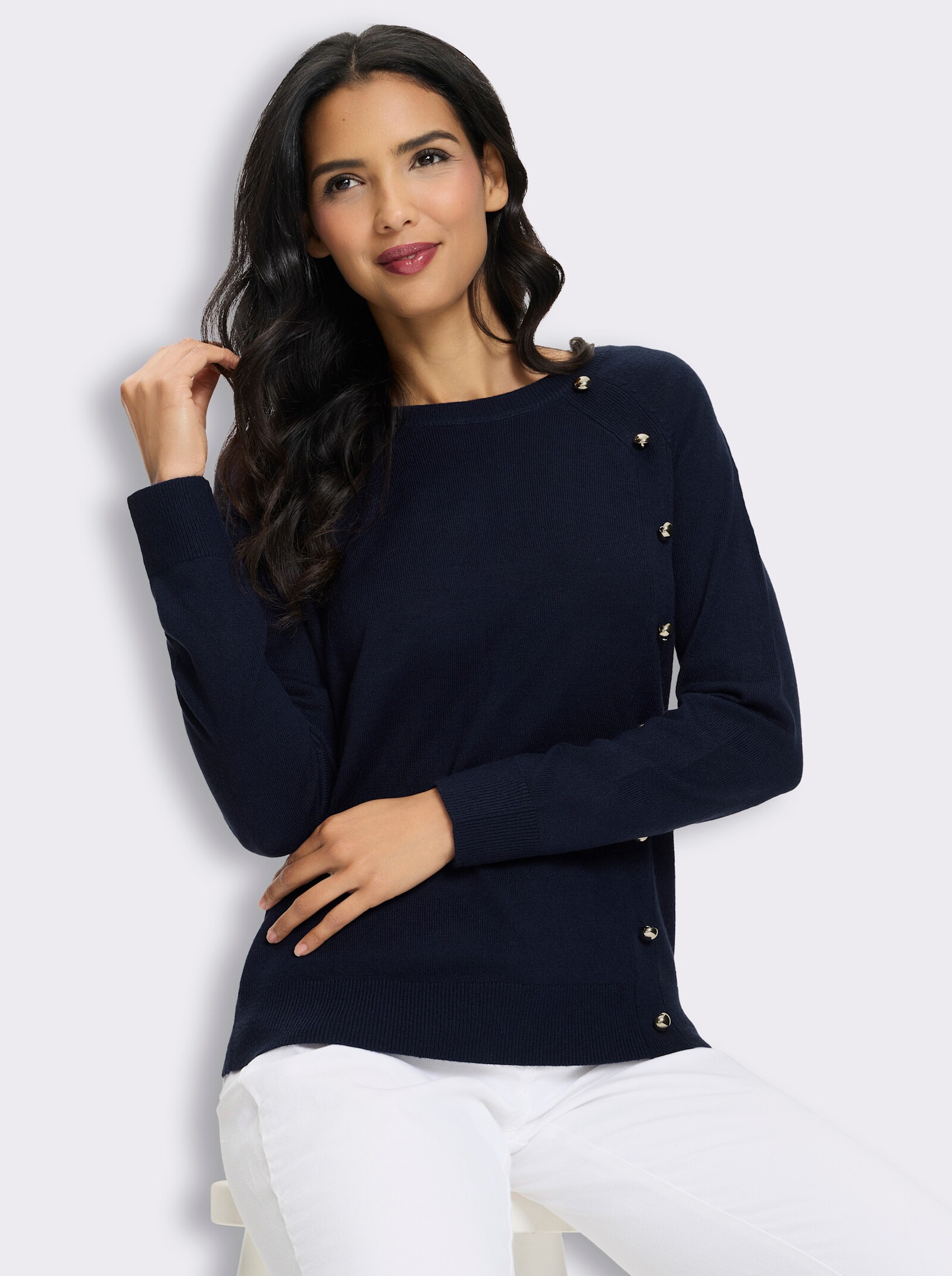 Langarm-Pullover mit Zierknöpfen - marine