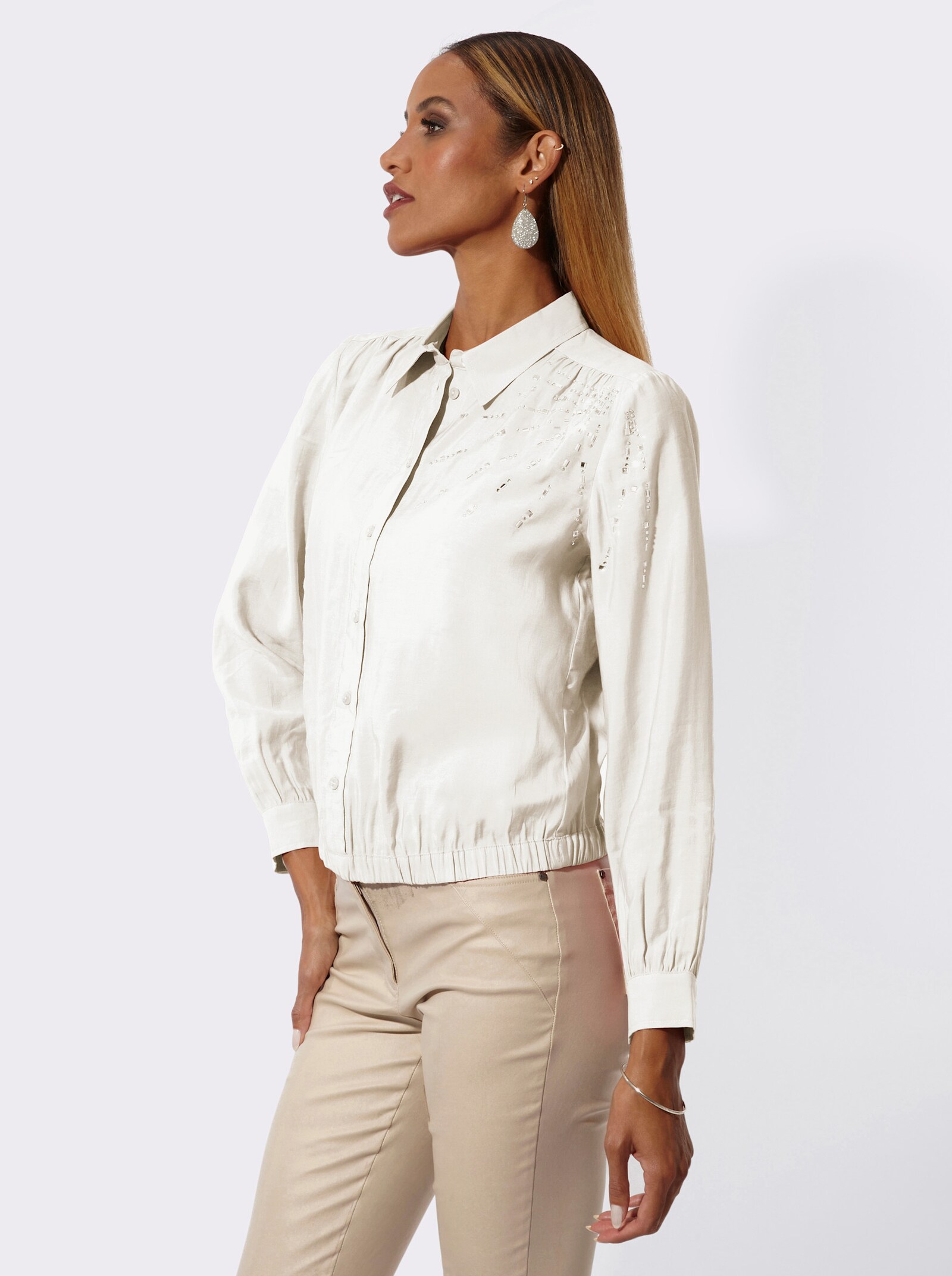 Hemdbluse mit Ziersteinchen - ecru