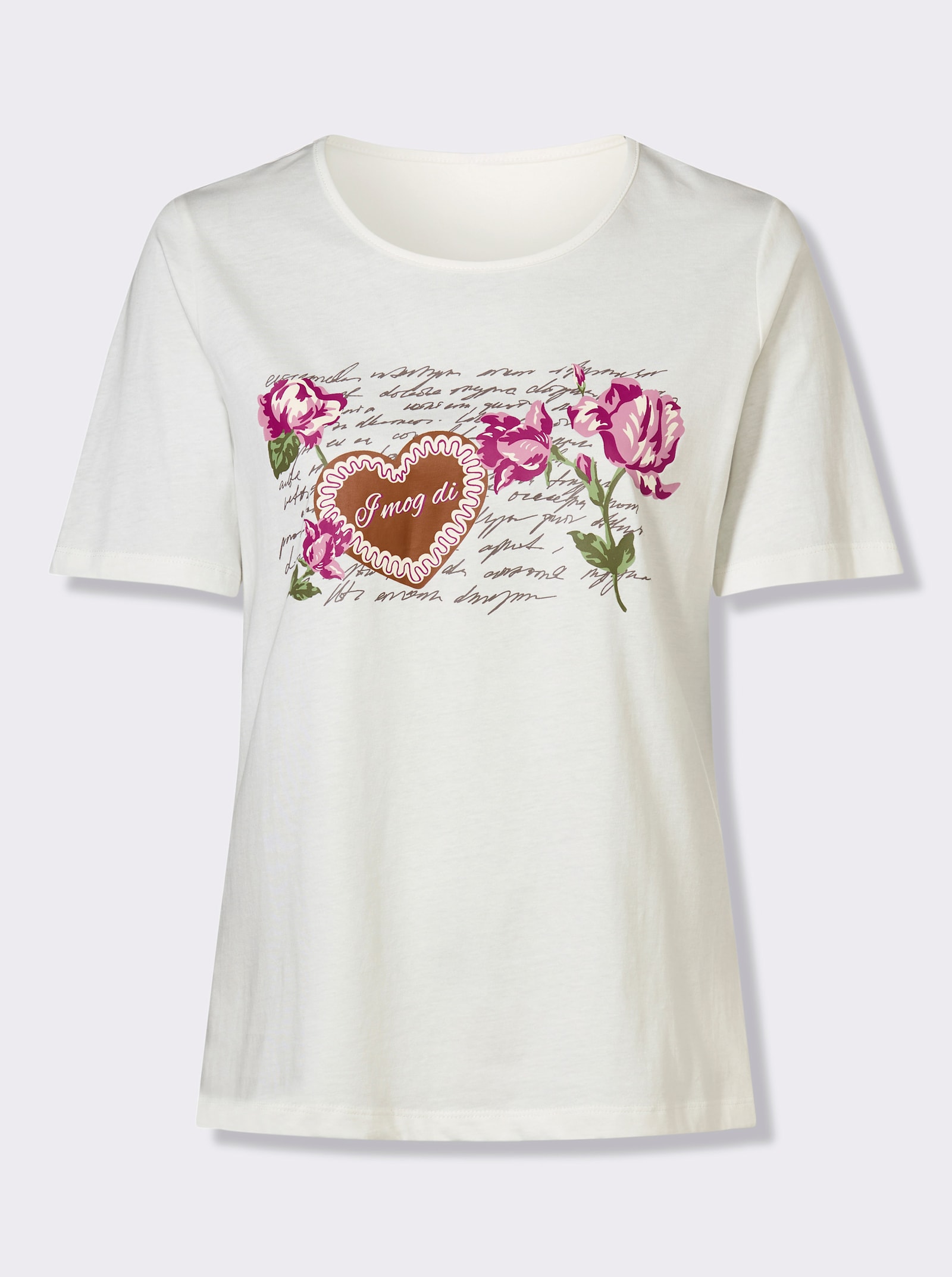 Folkloreshirt met op dessin geplaatste bloemenprint - ecru/oudroze