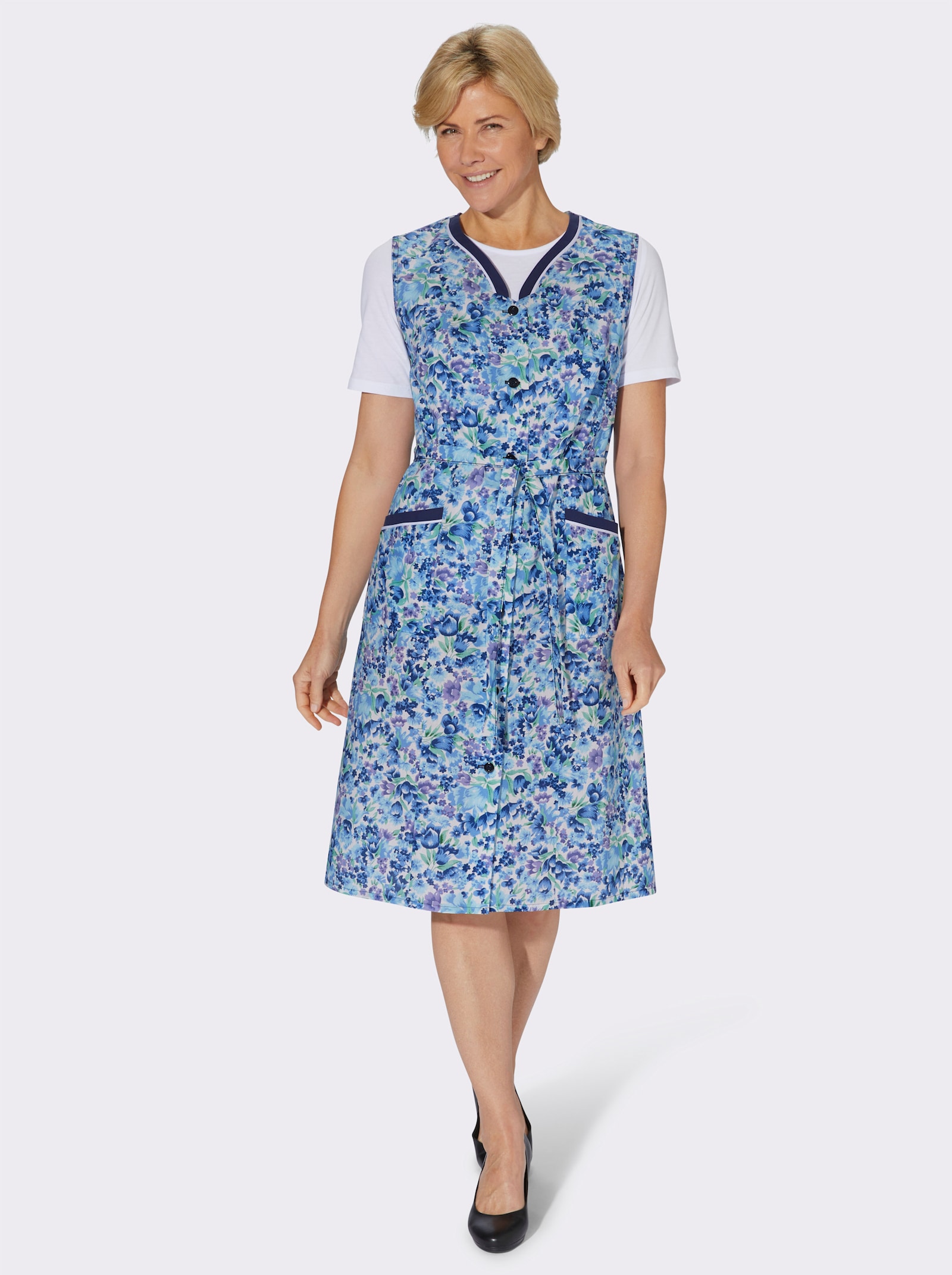 Knopfschürze im floralen Dessin - aqua-bedruckt