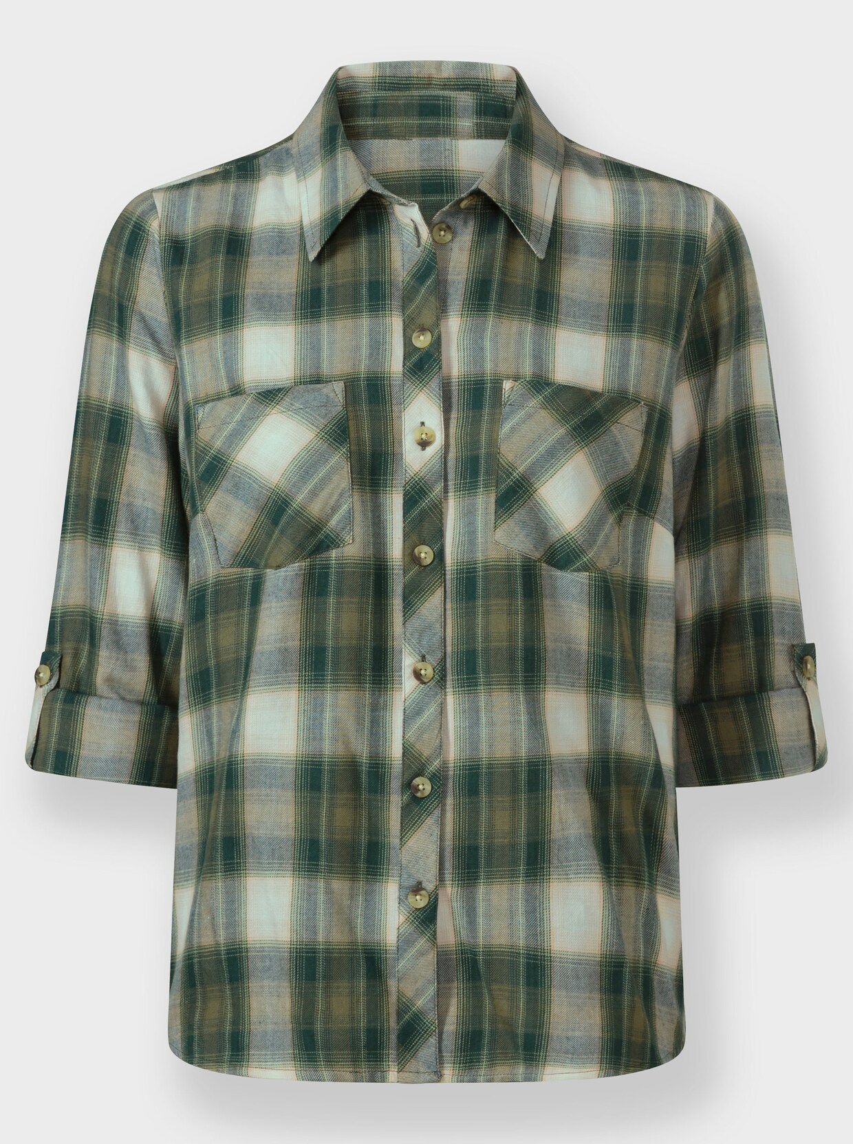 Flanellbluse im Karomuster - oliv-ecru-kariert