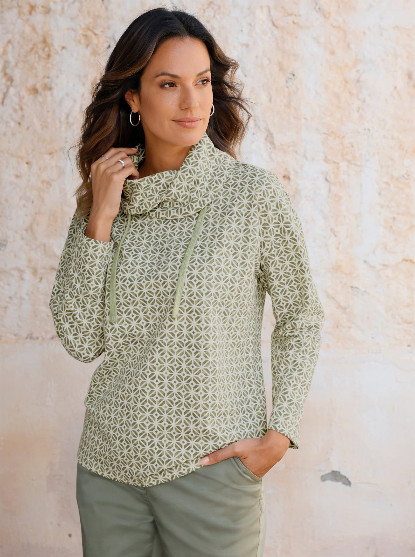 Longsweatshirt mit Kordel - ecru-schilf-bedruckt