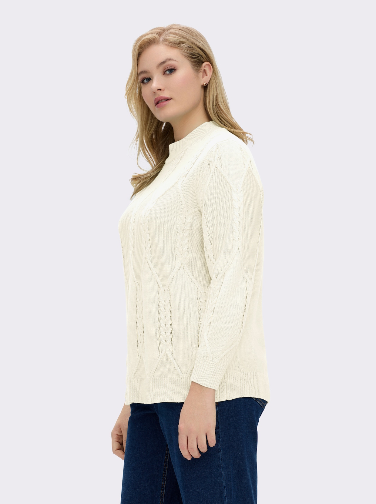 Langarm-Pullover mit Zopfmuster - ecru