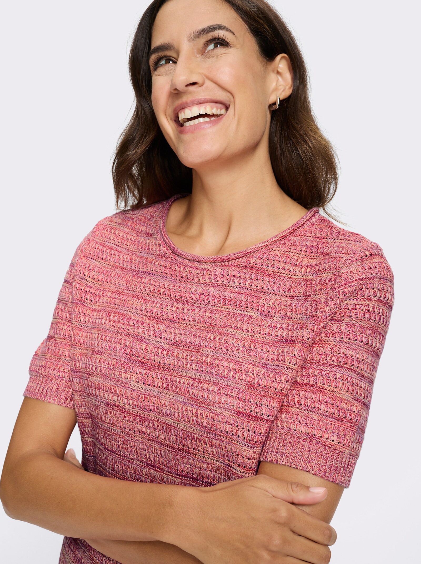 Baumwollpullover mit Ajour-Akzenten - fuchsia-koralle-meliert