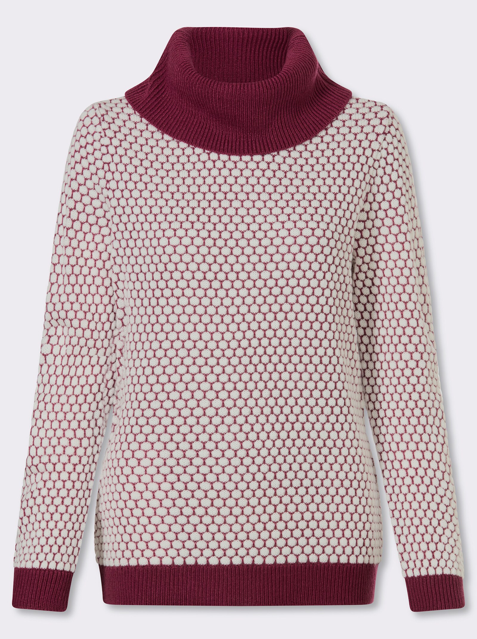 Rollkragenpullover mit Strukturmuster - bordeaux-ecru-gemustert