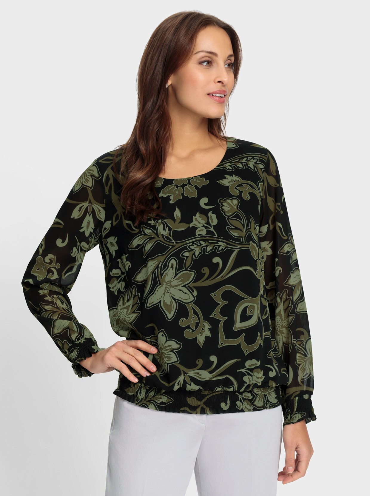 Georgetteblouse - zwart-olijf-bedrukt