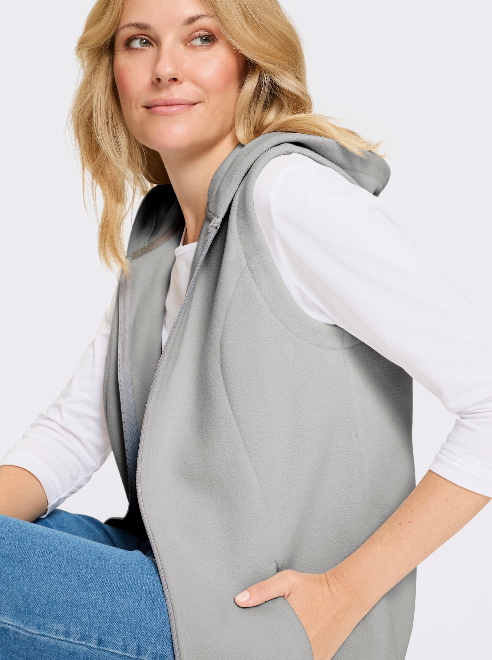 Fleeceväst med tvåvägsdragkedja - ljusgrå