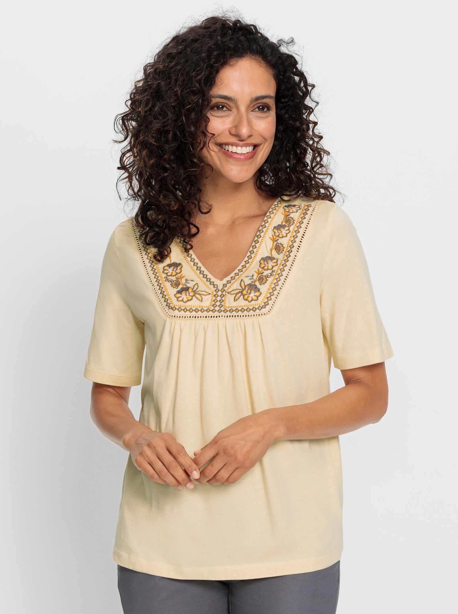 Tunikashirt mit Blütenstickerei - vanille