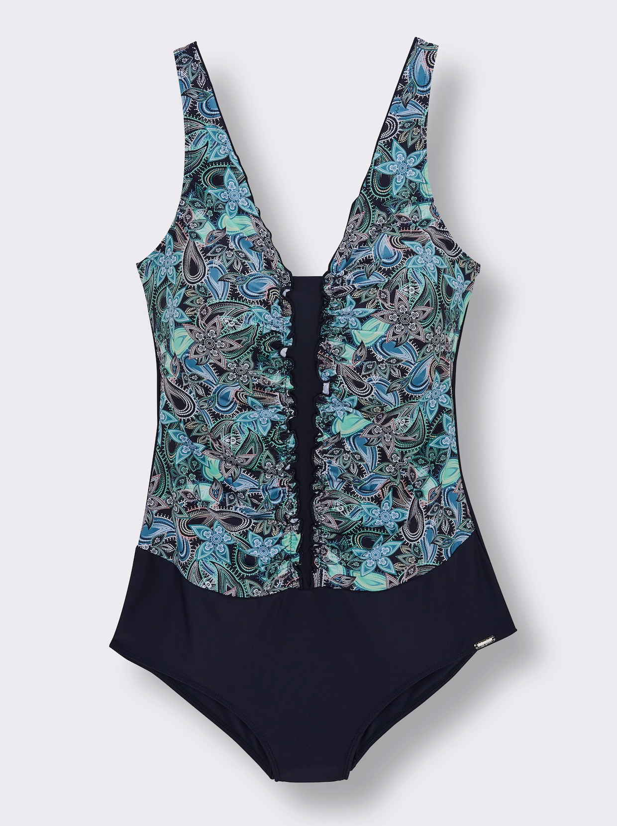 feel good Badeanzug mit Raffungen - marine-smaragd-bedruckt