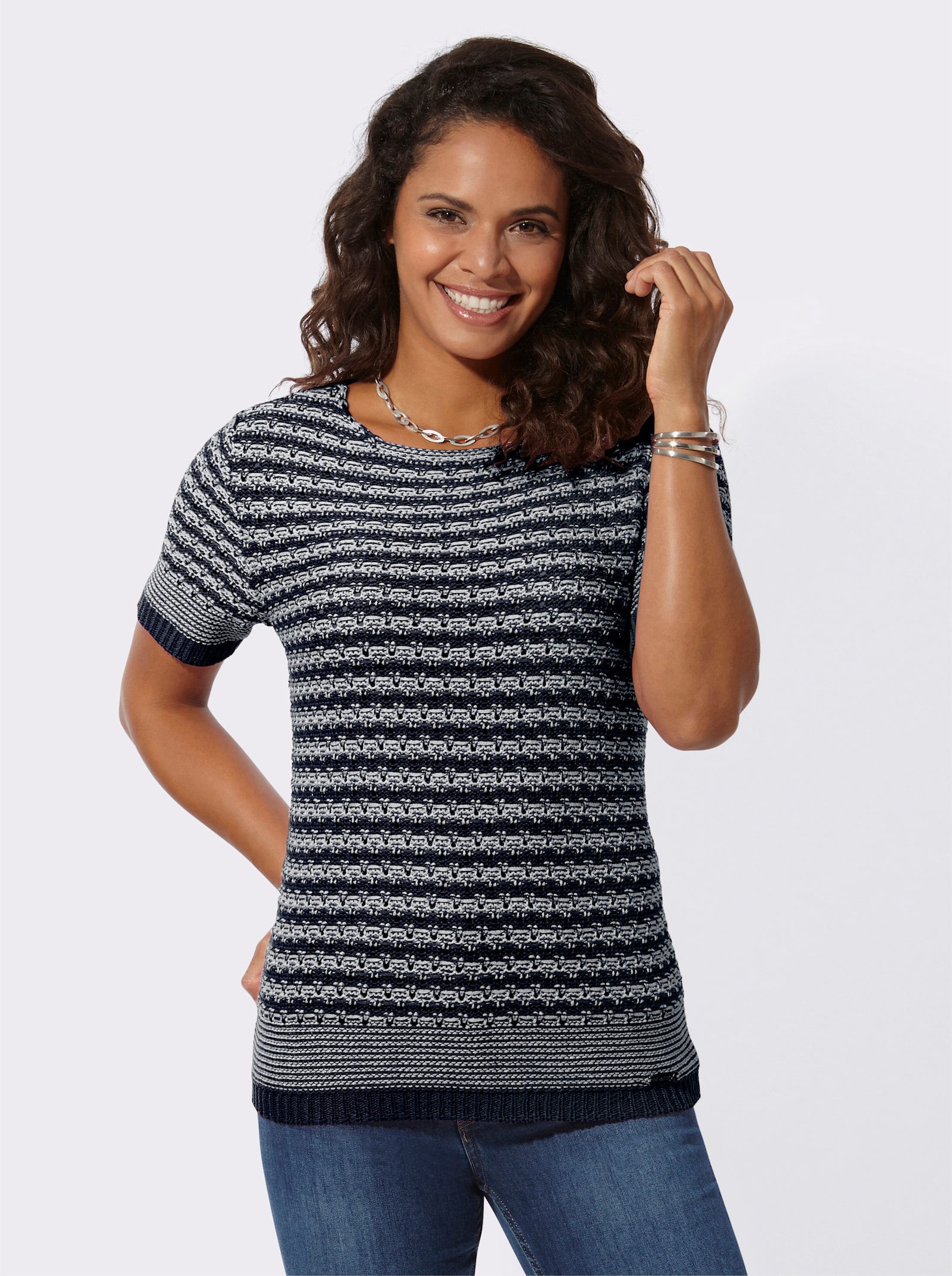 Kurzarmpullover aus Bändchengarn - marine-weiss-gemustert