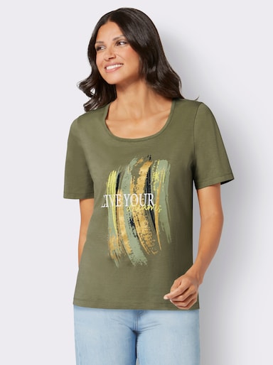 Kurzarmshirt mit Glitzer-Print - khaki-limone