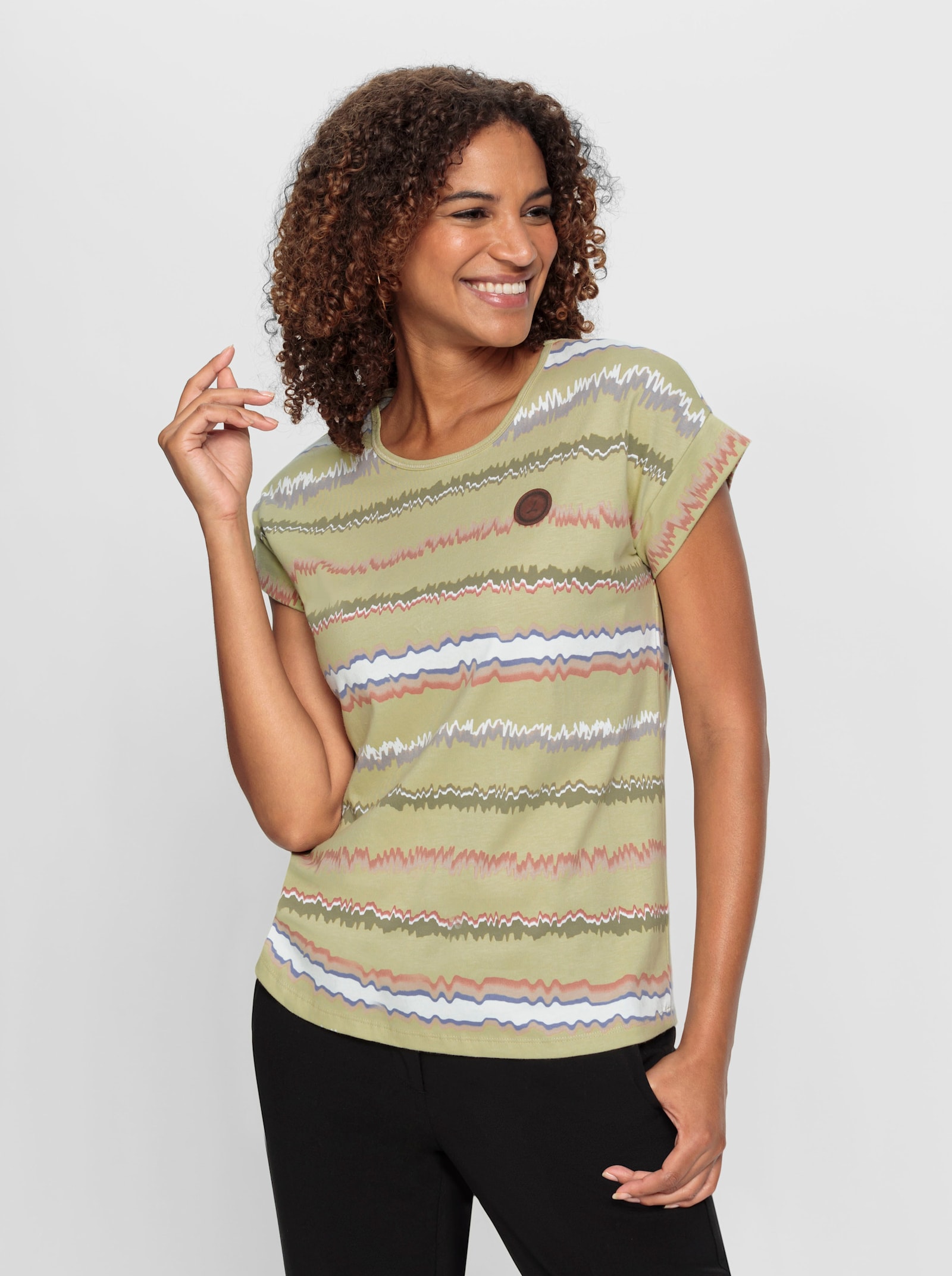 Print-Shirt mit Ziernähten, geringelt - lindgrün-ecru-bedruckt