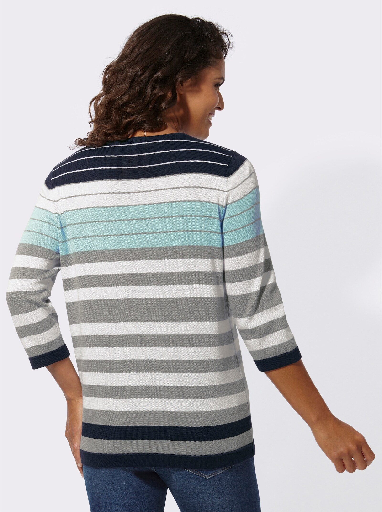 Rundhalspullover mit 3/4-Ärmeln, geringelt - mint-weiß-geringelt