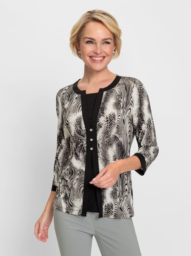 2-in-1-Shirt mit Zierknöpfen - schwarz-ecru-bedruckt