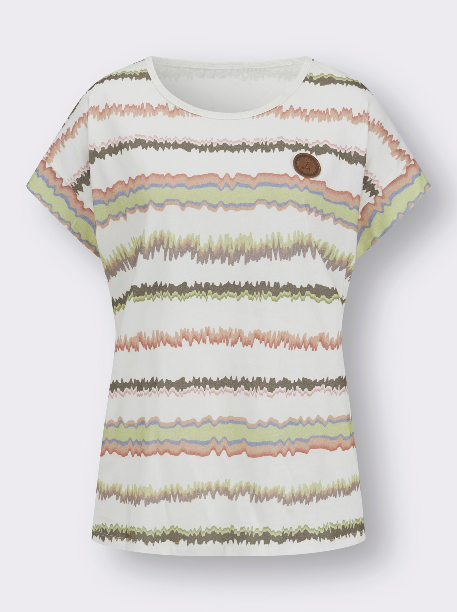 Print-Shirt mit Ziernähten, geringelt - ecru-khaki-bedruckt